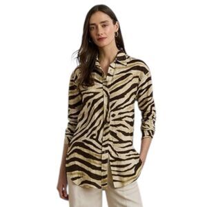 Lauren Ralph Lauren Linen Button Up Shirt Size S Zebra Print Long Sleeve Relaxed